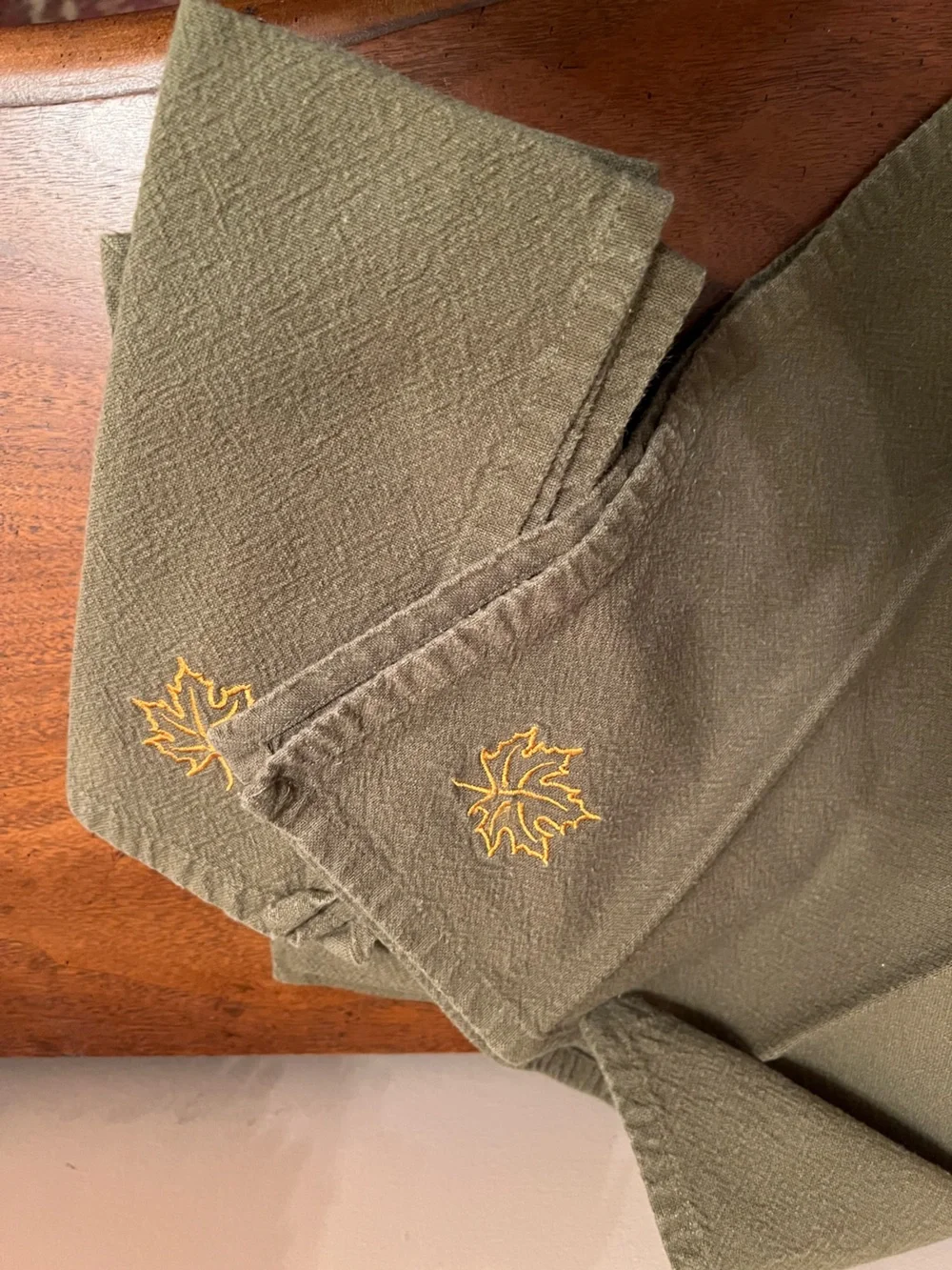 Vintage Embroidered Leaf Olive Green Cotton Napkins - Set of 8